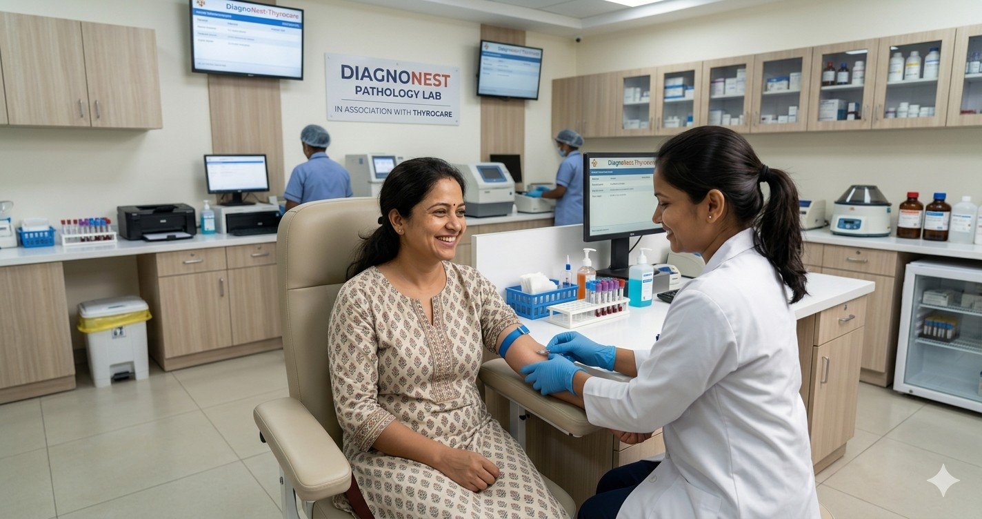 "Indian woman getting thyroid blood test at DiagnoNest Pathology Lab Noida"